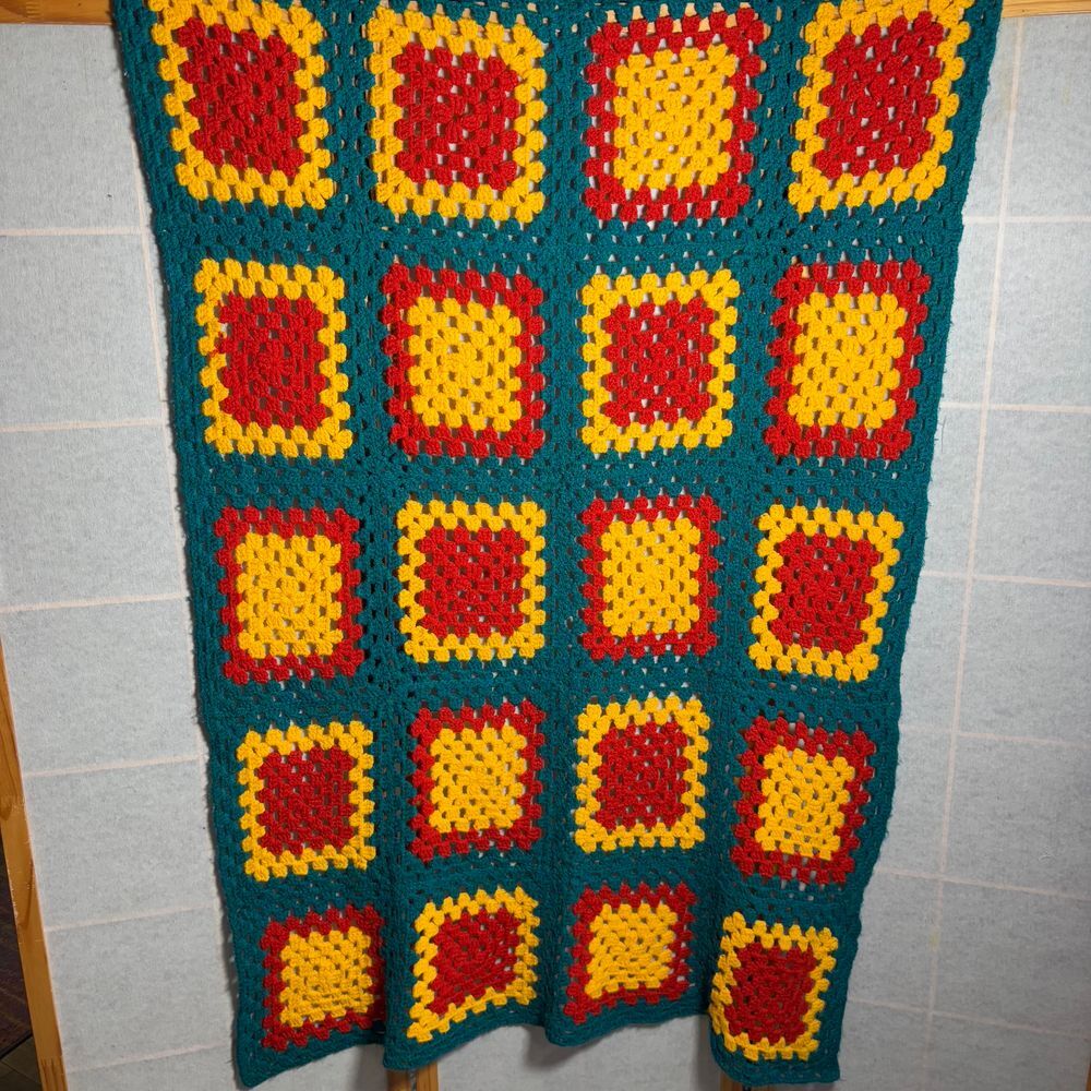 Vintage Crochet Granny Square Blanket Afghan Turquoise‎ Yellow Red Small 59 x 37
